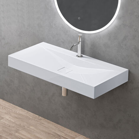 doporro Waschbecken Aufsatzwaschbecken Hängewaschbecken BTH: 100x48x10cm Weiß Mineralguss Waschtisch Waschplatz Colossum810