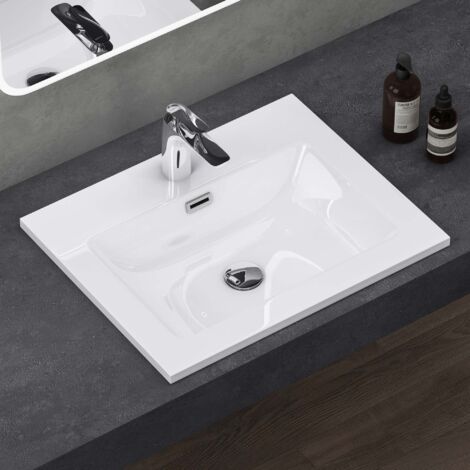doporro Waschbecken Einbauwaschbecken mineralguss 60x48x14 cm weiß Einbauwaschtisch mit Überlauf Waschtisch Handwaschbecken Col02