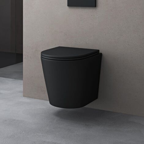 doporro WC Sospeso Sanitari Sospesi Filomuro in Ceramica Nero Opaco 49x35,5x35 cm con Copriwc Soft Close Chiusura Ammortizzata e Sciacquone Profondo WC Design Moderno Senza Bordi Aachen108