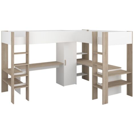 Doppel-Eckhochbett mit Stauraum & Schreibtisch - 2 x 90 x 200 cm - Weiß & Holzfarben - LASCANO