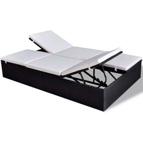 Doppel-Sonnenliege mit Auflage Poly Rattan Schwarz