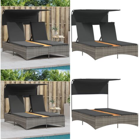 Doppel-Sonnenliege mit Dach und Auflagen Grau Poly Rattan - Doppelsonneliege - Liege - Gartenmöbel - Outdoor Möbel - Pool Liege - Home & Living