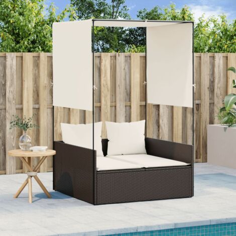 Doppel-Sonnenliege mit Dach und Vorhängen Braun Poly Rattan vidaXL