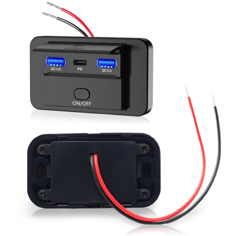 Doppel-USB-Autoladestecker, Dual QC3.0 USB und 36W PD Typ C Schnellladestecker Panel mit Schalter für 12V / 24V Autos