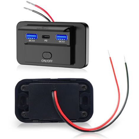 Doppel-USB-Autoladestecker, duales USB-QC3.0-Bedienfeld und 36-W-PD-Typ-C-Autoladestecker mit Schalter, geeignet für 12-V-/24-V-Automobilanwendungen.