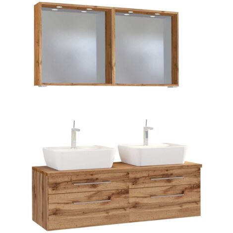 Doppel-Waschplatz 120 cm Set inkl. LED-Spiegelpaneele & 2x Keramik Aufsatzwaschbecken TAREE-03 in wotaneiche Nb.