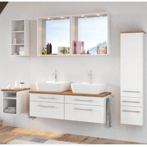 Doppel-Waschplatz 120 cm Set inkl. LED-Spiegelschrank & 2x Keramik Aufsatzwaschbecken TAREE-03 in matt weiß