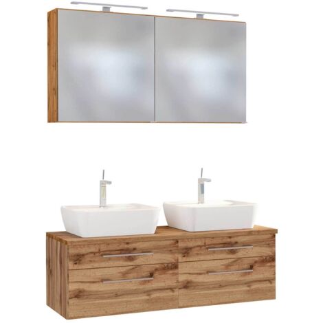 Doppel-Waschplatz 120 cm Set inkl. LED-Spiegelschrank & 2x Keramik Aufsatzwaschbecken TAREE-03 in wotaneiche Nb.