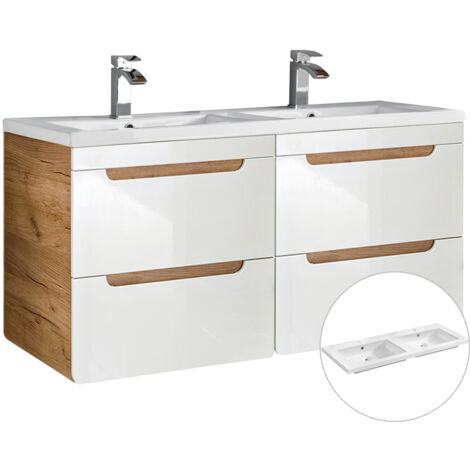 Doppel-Waschtischunterschrank 120 cm mit Keramikbecken LUTON-56 Hochglanz weiß mit Wotan Eiche Nb. B/H/T ca. 121/63/46 cm