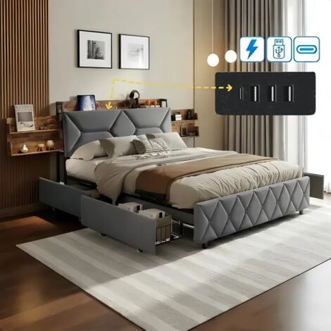 Doppelbett 140 x 200 cm, Bettgestell mit 4 Schubladen und Lattenrost, USB- und USB-C-Anschlüssen, Stauraum unter dem Bett