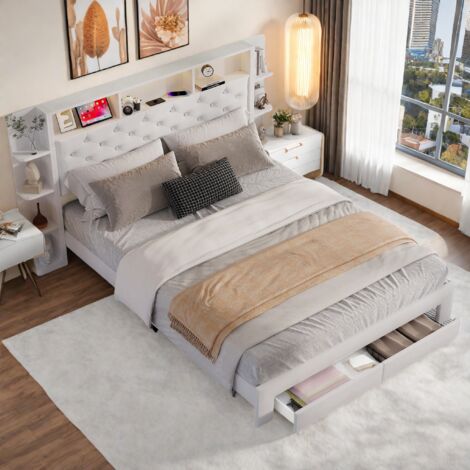 Doppelbett 140 x 200 cm, mit Stauraum, LED- und USB-Kopfteil, Bett mit 2 Schubladen, Lattenrost, weiß