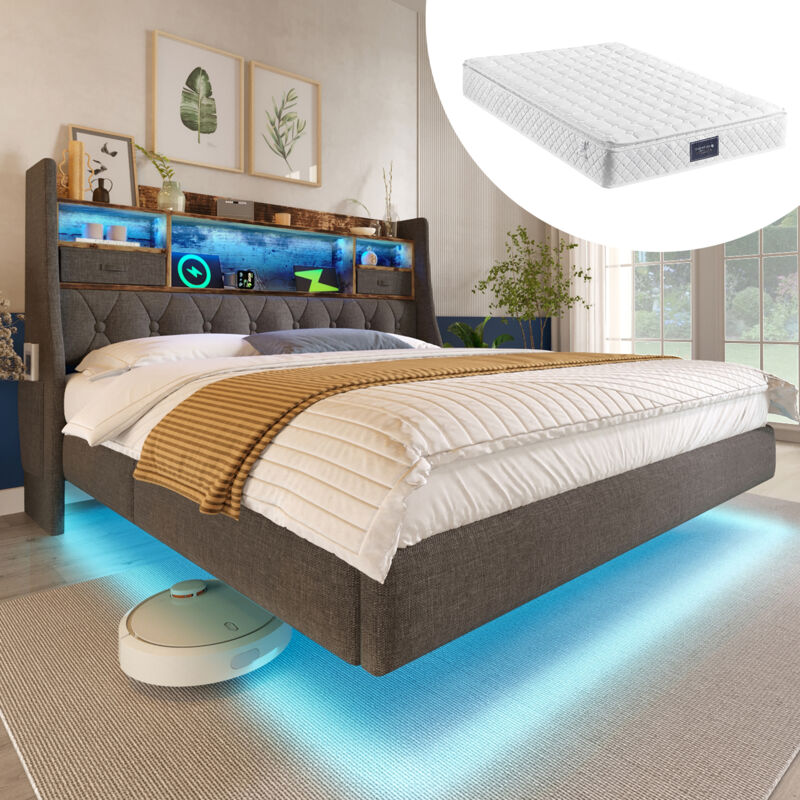 Modenvie Doppelbett 140×200 Cm Mit Verstellbarer Led, Usb, Type C Und Ablagen, Mit Matratze, Aus Leinen, Grau