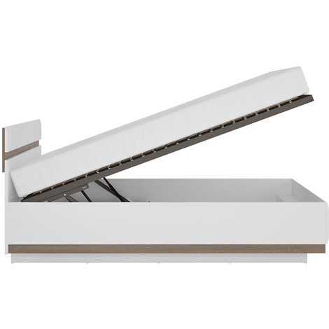 Doppelbett 140cm mit aufklappbarem Bettgestell LEGNICA-129 in weiß Hochglanz mit Trüffel Eiche Nb., B/H/T ca. 145,2/88,5/206,4 cm