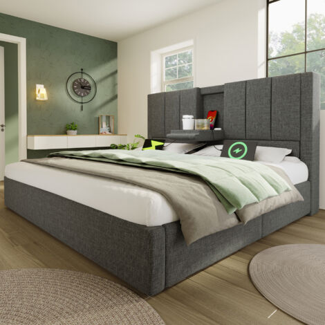 Doppelbett 140x190 cm mit verstecktem Stauraum im Kopfteil, Ladegerät und Getränkehalter, graue Bettwäsche (Matratze nicht im Lieferumfang enthalten)