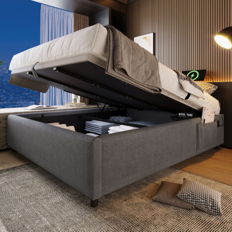Doppelbett 140x200 cm, großer Stauraum, integrierte USB-C-Anschlüsse, Leinenstoff, graue Farbe (Matratze nicht im Lieferumfang enthalten)