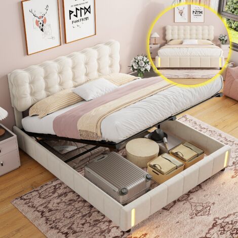 Doppelbett 140x200 cm – Hydraulisches Bett mit LED – Bettrahmen mit Staufunktion – Samt – Beige