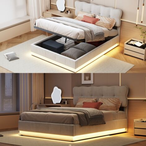 Doppelbett 140x200 cm – hydraulisches Bett mit LED-Licht – Samt – beige