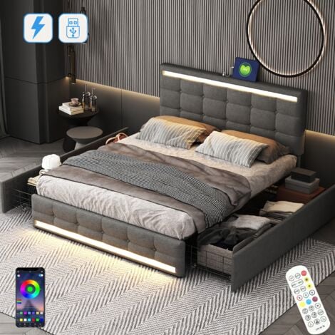 Doppelbett 140x200 cm, mit 4 Schubladen Stauraum, LED-Beleuchtung, USB-Ladefunktion, Metallrahme, Lattenrost, gepolstertesBett aus Leinen - Grau