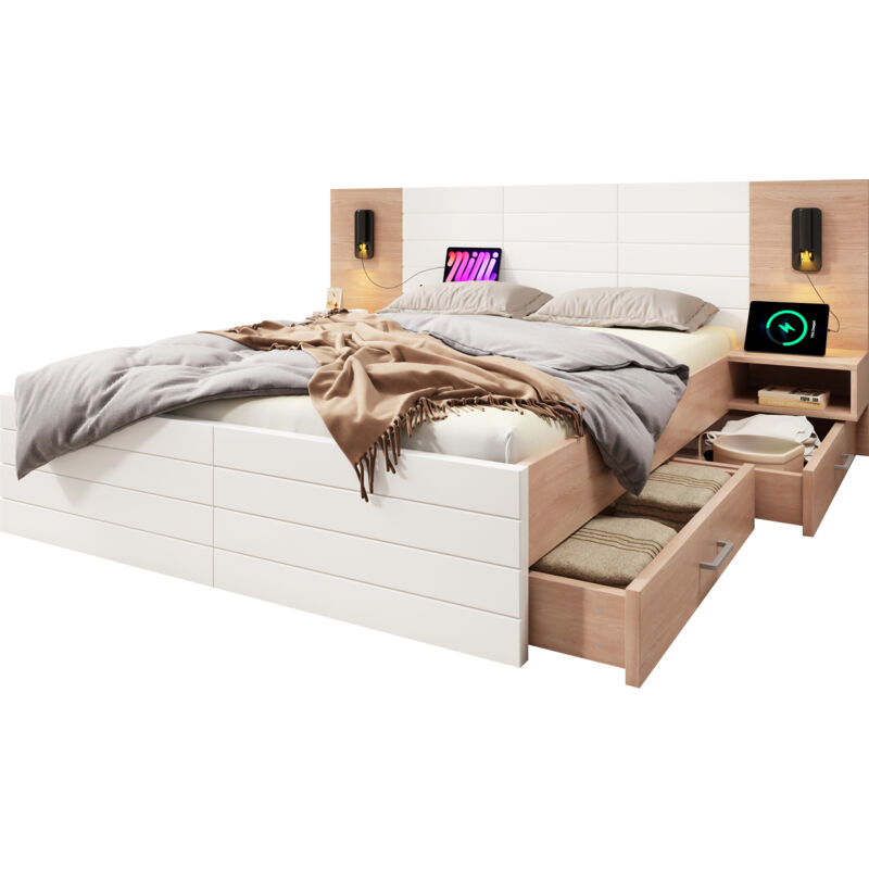 Mivray Doppelbett 140x200 Cm Mit Holzgestell Und 2 Stauraumschubladen