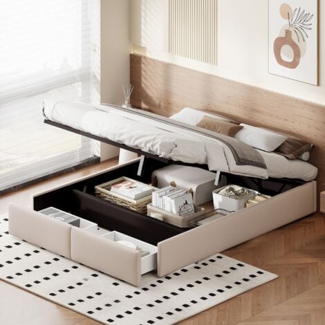 DANS LES NUAGES Bett mit Stauraum 160x200cm, mit hydraulischem Stauraum, 2 Schubladen, Lattenrost aus Holz, Metallrahmen, gepolstertes Bett aus Leinen - Grau