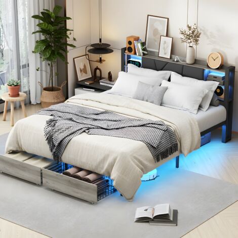 Doppelbett 140x200 cm mit LED-Beleuchtung - Schubladen und Metallrahmen mit Holzkopfteil - Schwarz