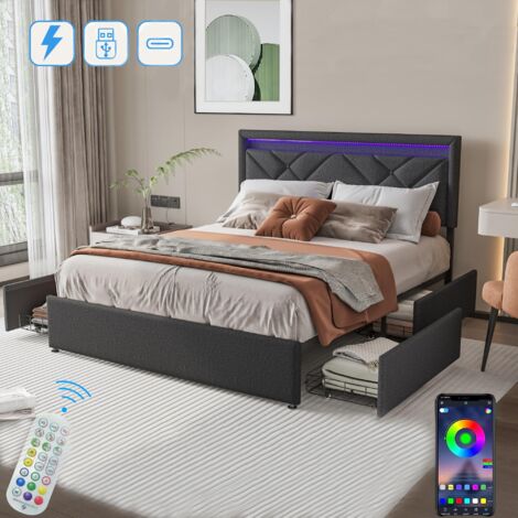 DANS LES NUAGES Doppelbett 140x200 cm, mit Stauraum, 4 Schubladen, LED-Beleuchtung, USB A/B-Ladefunktion, Lattenrost, GepolstertesBett aus Leinen - Grau