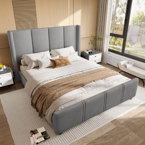 Doppelbett 140x200cm, hohe Rückenlehne, bequemer USB-Anschluss, Samtbezug, dunkelgrau (Matratze nicht im Lieferumfang enthalten)