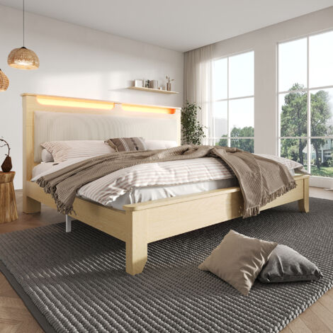Doppelbett 140x200cm, Kopfteil bezogen mit beigefarbenem Samt, integrierte LED-Beleuchtung, Ablage und Stauraum unter hellem Eichenholzrahmen (mit Matratze)