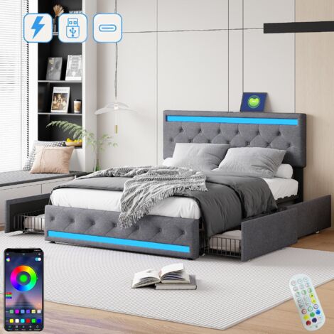 Doppelbett 140x200cm, mit 4 Schubladen, LED-Beleuchtung, Lattenrost, USB-Ladefunktion Typ C, Leinenstoff, Erwachsenenbett im modernen Stil - grau