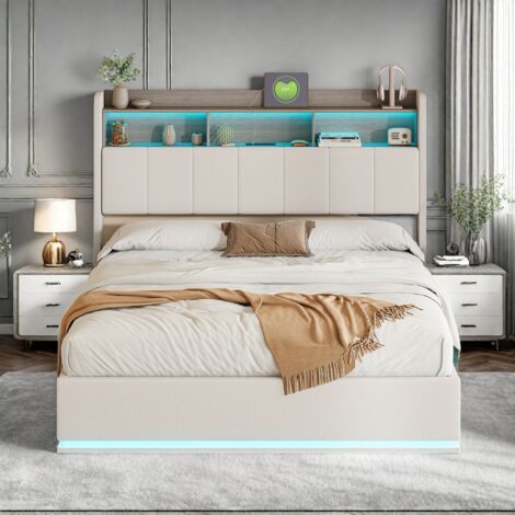 Doppelbett 140x200cm, Stauraumbett, Kopfteil mit Staufach, Erwachsenenbett mit hydraulischer Hebefunktion, mit LED-Beleuchtung, Ladeanschluss, Flanell-Finish, weiß