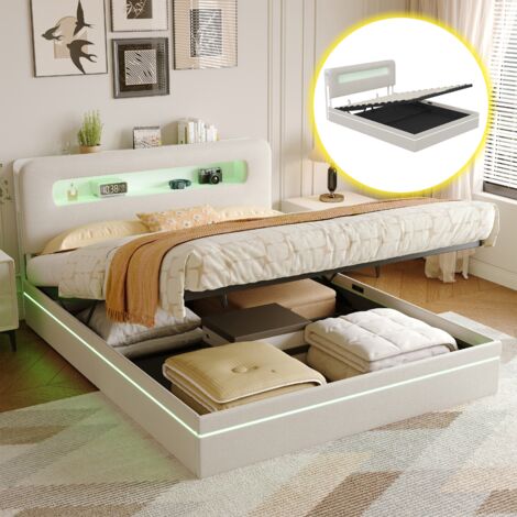 Doppelbett 160 x 200 cm – Hydraulikbett mit LED-Beleuchtung – Samt – beige