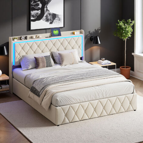 Doppelbett 160 x 200 cm mit LED – USB/Typ C – Samtstoff – Lattenrost – hydraulisch – Beige