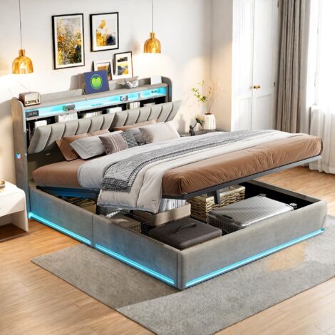 Doppelbett 160 x 200 cm, mit Stauraum-Kopfteil, LED-Beleuchtung und USB-Anschlüssen, 2-Personen-Bett mit Lattenrost aus Holz und Samt, Grau