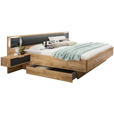 Doppelbett 160cm mit 2 Bettschubladen, Nachtschränken, Beleuchtung und Polsterkopfteil, graphit und Eiche, VIESTE-43