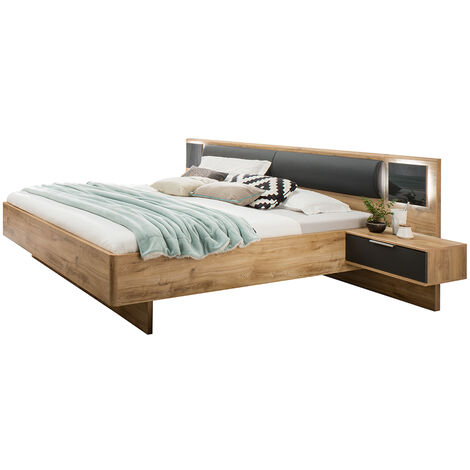Doppelbett 160cm mit Nachtschränken, Beleuchtung und Polsterkopfteil, graphit und Eiche, VIESTE-43