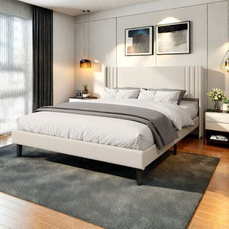 Doppelbett 160x200 cm, Bett 160x200 cm, Lattenrost aus Holz, Erwachsenenbett, Stauraum, Bett für 2 Personen, Beige
