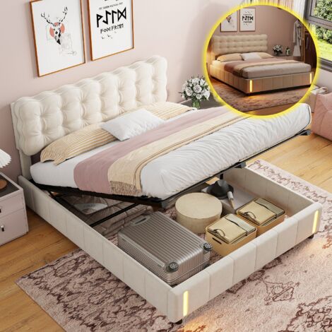 Doppelbett 160x200 cm – Hydraulisches Bett mit LED – Bettrahmen mit Staufunktion – Samt – Beige