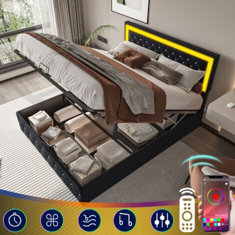 DANS LES NUAGES Doppelbett 160x200 cm, mit hydraulischem Stauraum, LED-Beleuchtung, Knöpfen aus Kunst-Kristall, Lattenrost, gepolstertesBett aus Samt - Schwarz