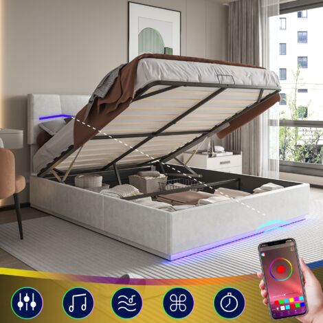 DANS LES NUAGES Doppelbett 160x200 cm, mit hydraulischem Stauraum, LED-Beleuchtung, USB-Ladefunktion, Lattenrost, gepolstertesBett aus Kunstleder - Beige