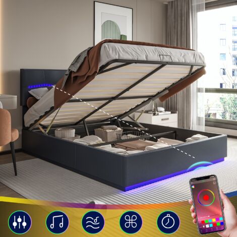 DANS LES NUAGES Doppelbett 160x200 cm, mit hydraulischem Stauraum, LED-Beleuchtung, USB-Ladefunktion, Lattenrost, gepolstertesBett aus Kunstleder - Schwarz