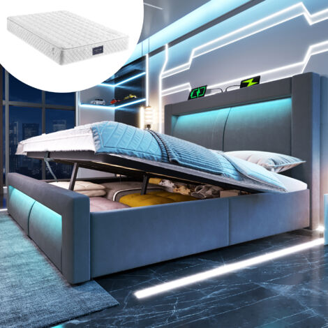Doppelbett 160x200 cm mit Stauraum, hydraulisches Bett, LED-Beleuchtung mit App-Steuerung, USB- & Type-C-Ladeanschlüsse, Samt, Kopfteil mit gebogenem Design, Grau, mit Matratze