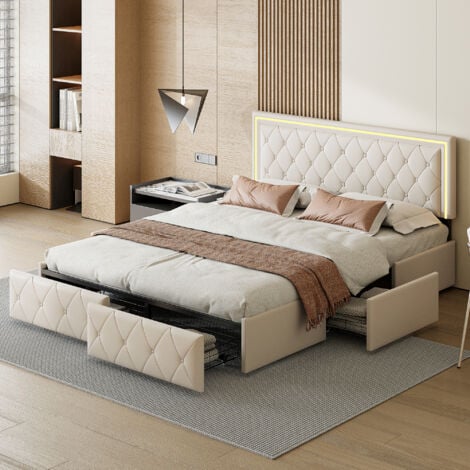 ROSAHQNDA Doppelbett 160x200 cm, Stauraumbetten mit 4 Schubladen, Höhenverstellbares Kopfteil mit LED, Erwachsenenbett, PU Beige