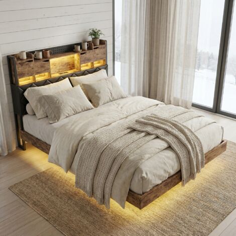 Doppelbett 160x200, Erwachsenenbett, gepolstertes Bett, schwebendes Bettgestell mit LED-Beleuchtung und USB/Type-C Ladestation, Kopfteil mit Stauraum, Metall und Holz, Modern, Schwarz