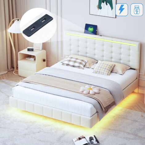 Doppelbett 160x200cm, mit LED-Beleuchtung, USB-Ladeanschluss, Lattenrost aus Holz, Metallrahmen, gepolstertes Bett aus Leinen - Beige