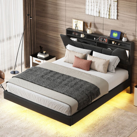 Doppelbett 160x200cm, Polsterbett mit USB und LED, Kopfteil mit Stauraum, Funktionsbett, Verstellbares Kopfteil, Versteckte Bettfüße, PU, ​​Schwarz