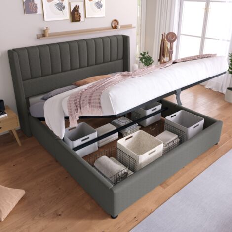 Doppelbett 160x200cm Straumbett Polsterbett mit Lattenrost aus Metallrahmen,Vertikales Streifendesign,Grau(Ohne Matratze)