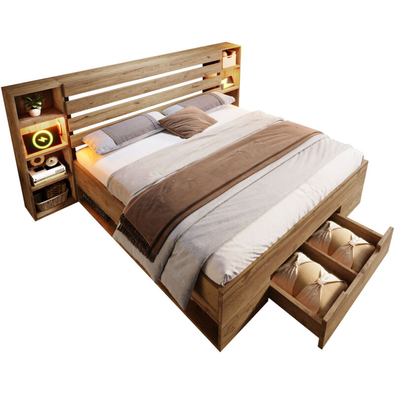 Mivray Doppelbett 180x200 Cm Aus Holz Und Metall, Kopfteil Mit Led Und Usb