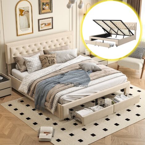 Doppelbett 180x200 cm – Hydraulisches Bett mit extra großem Stauraum – Samt – Beige