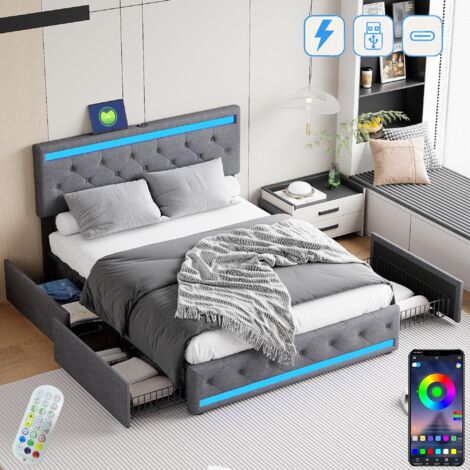 DANS LES NUAGES Doppelbett 180x200 cm, mit Stauraum, 4 Schubladen, LED-Beleuchtung, USB-A/C Ladefunktion, Lattenrost, GepolstertesBett aus Leinen - Grau