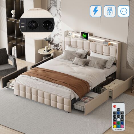 DANS LES NUAGES Doppelbett 180x200 cm, mit Stauraum, 4 Schubladen, LED-Beleuchtung, USB-Ladefunktion, Lattenrost aus Holz, GepolstertesBett aus Leinen - Beige